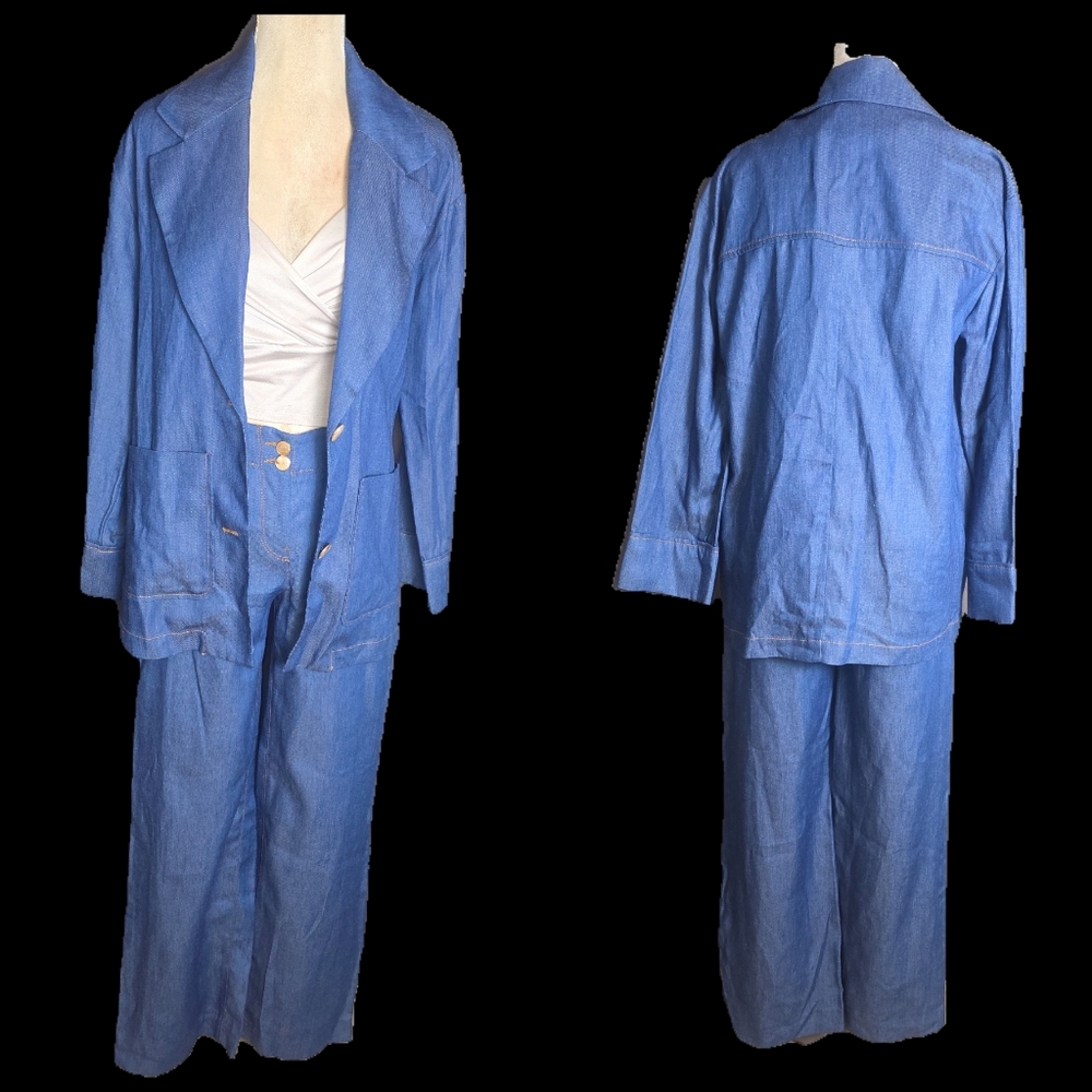 ZARA XS Chambray Denim Suit Set Blazer & Wide Leg Pants Blue Two Piece Outfit
